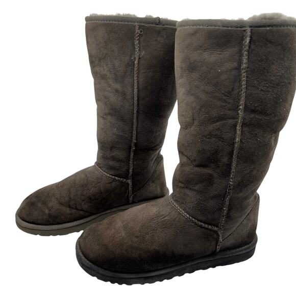 UGG Australia Classic Suede Tall Shearling Fur Boots Gray Pull On Size 7 Cozy - Picture 15 of 16
